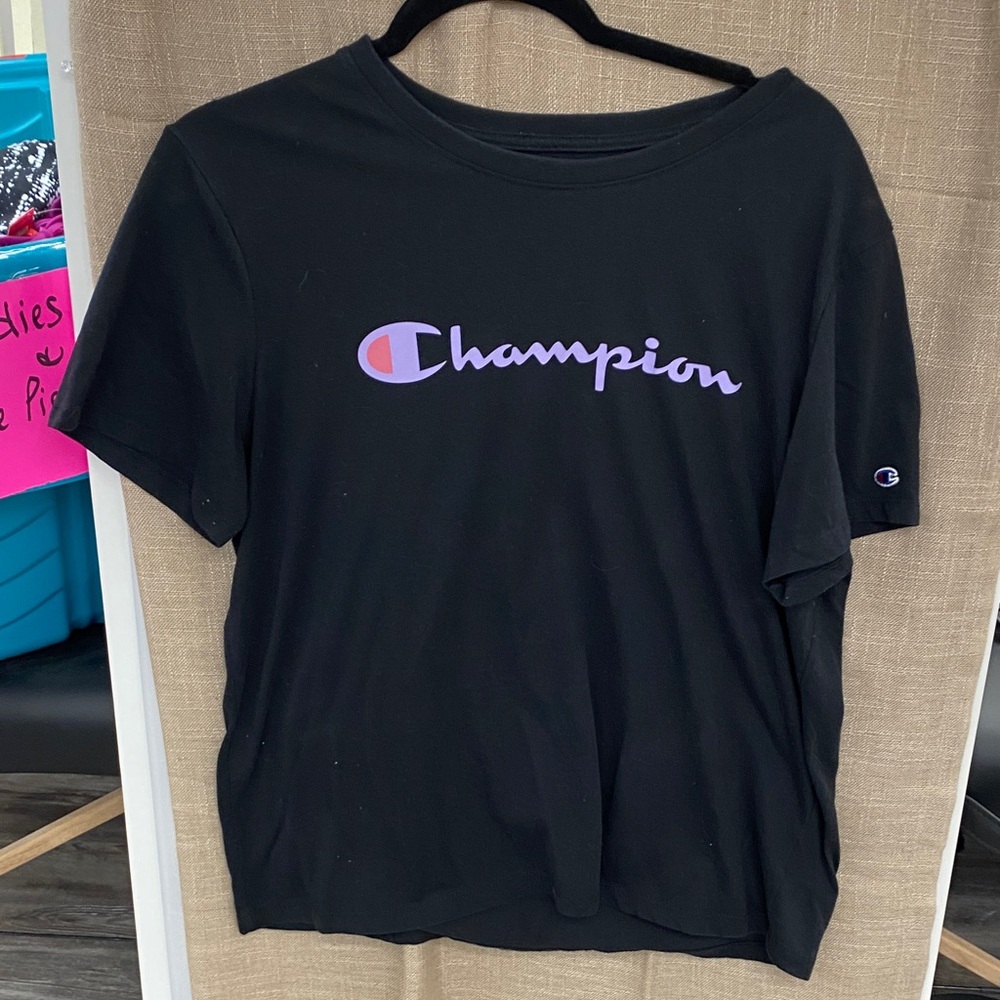 Champion Black Short-Sleeve Tee with Lavender Logo